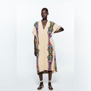 Zara Multicolored V-Neck Tunic Short Sleeves Midi Summer Beach Dress Size XL